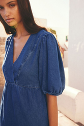 Mid Blue Puff Sleeve Mini 100% Cotton Dress