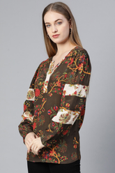 Marks & Spencer Coffee Brown & Red Floral Print Top