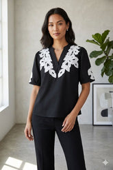 Embroidered V-Neck Cotton Top