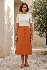 Linen Blend Button Detail Midi Skirt