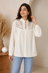 Women's Elegant Lace Yoke Tie-Neck Long Sleeve Blouse – Off White