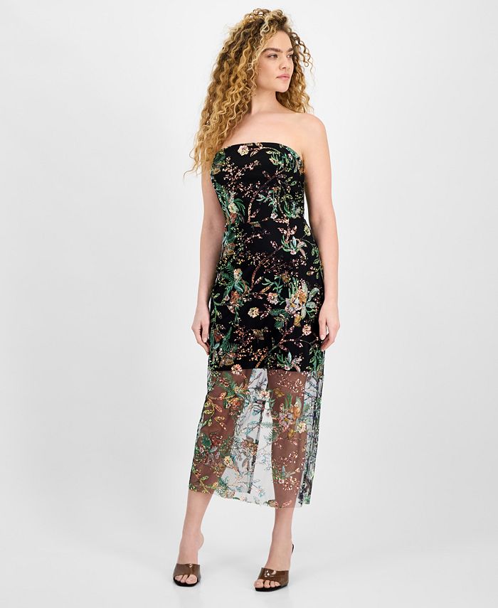 Women's Floral Sequence Strapless Dress