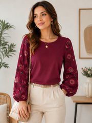 Lucky Brand Embroidered Sleeve Knit Top