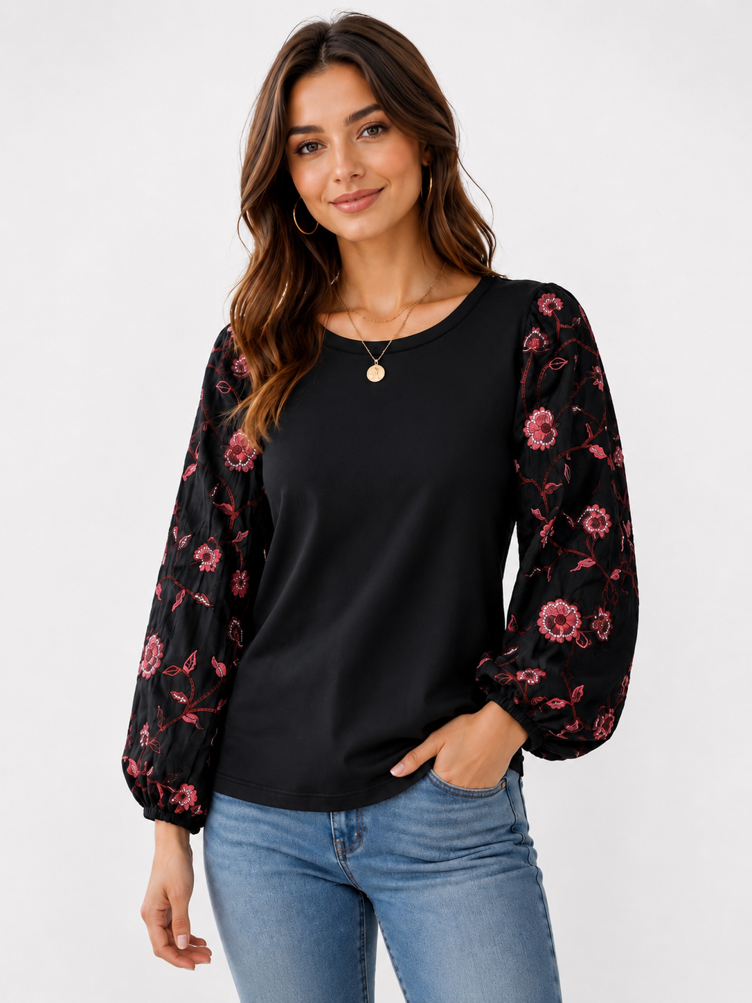 Lucky Brand Embroidered Sleeve Knit Top