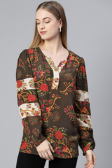 Marks & Spencer Coffee Brown & Red Floral Print Top