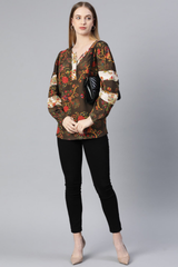 Marks & Spencer Coffee Brown & Red Floral Print Top
