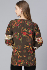 Marks & Spencer Coffee Brown & Red Floral Print Top