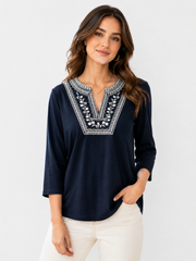 Embroidered Yoke Knit Top