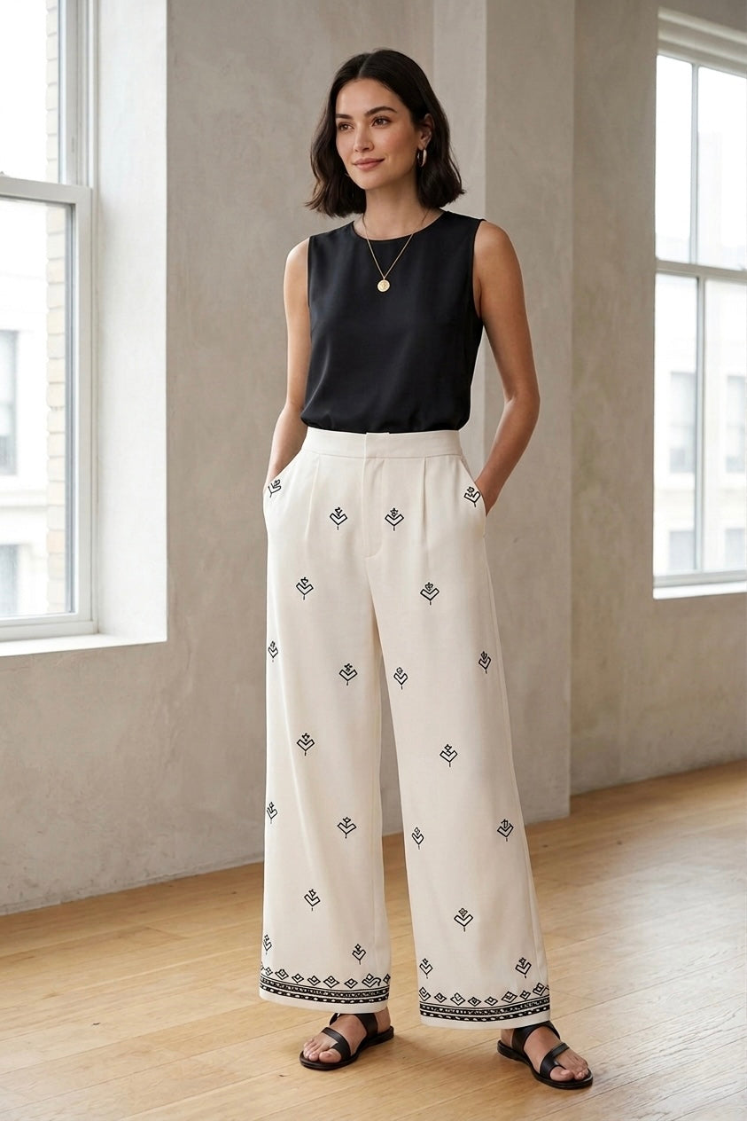 Embroidered Linen Straight-Leg Trousers