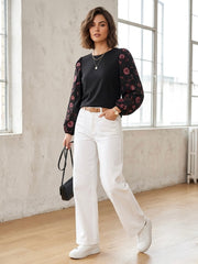 Lucky Brand Embroidered Sleeve Knit Top