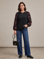 Lucky Brand Embroidered Sleeve Knit Top