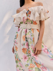Friends Like These Ivory Petite Ruffle Bardot Belted Midi Dress