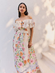 Friends Like These Ivory Petite Ruffle Bardot Belted Midi Dress