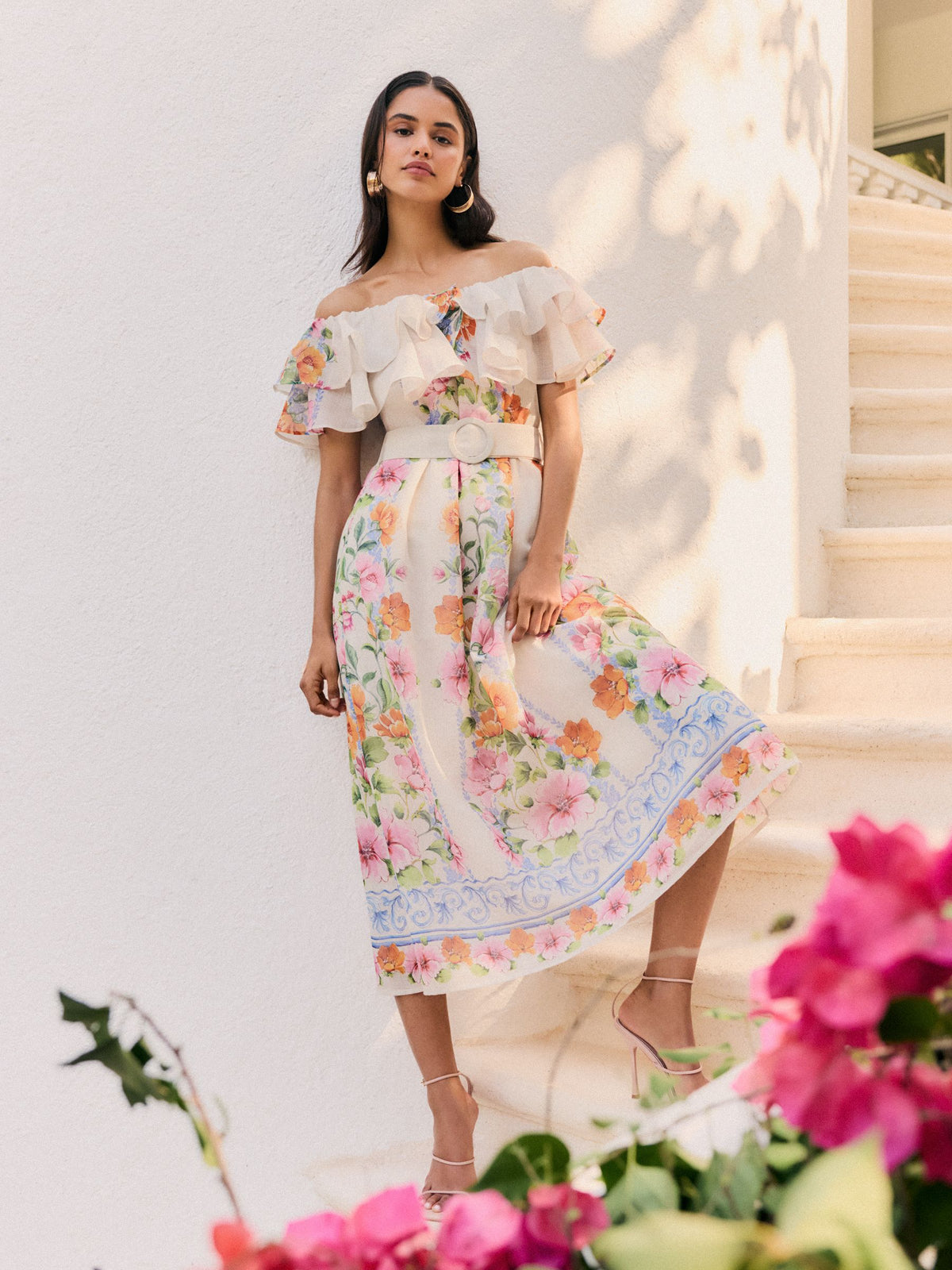 Friends Like These Ivory Petite Ruffle Bardot Belted Midi Dress