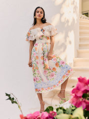 Friends Like These Ivory Petite Ruffle Bardot Belted Midi Dress