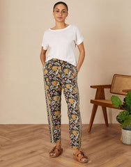 ARTISAN STUDIO Woodblock Floral Fauna Trousers Black