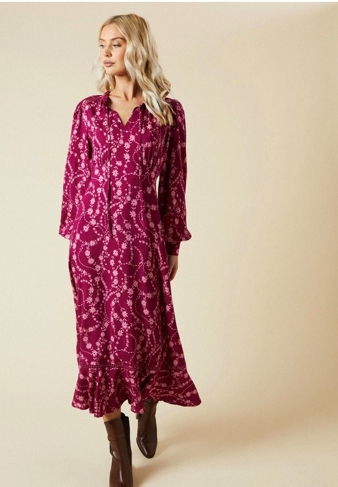 Dorothy Perkins Berry Floral Lace Yoke Midi Dress