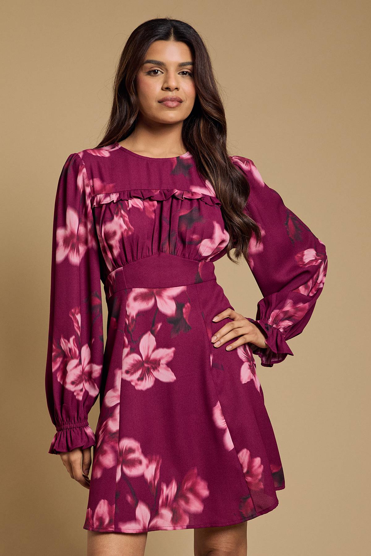 Petite Gathered Bodice Lace Back Long Sleeve Mini Dress