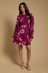 Petite Gathered Bodice Lace Back Long Sleeve Mini Dress