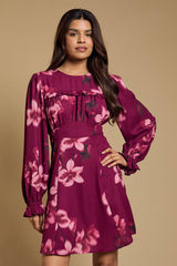 Petite Gathered Bodice Lace Back Long Sleeve Mini Dress