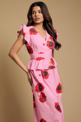 Petite Printed Dp Luxe Peplum Frill Detail V-Neck Maxi Dress