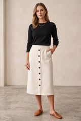 Linen Blend Button Detail Midi Skirt