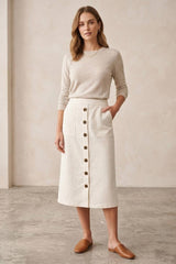 Linen Blend Button Detail Midi Skirt