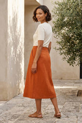 Linen Blend Button Detail Midi Skirt