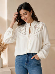 Women's Elegant Lace Yoke Tie-Neck Long Sleeve Blouse – Off White